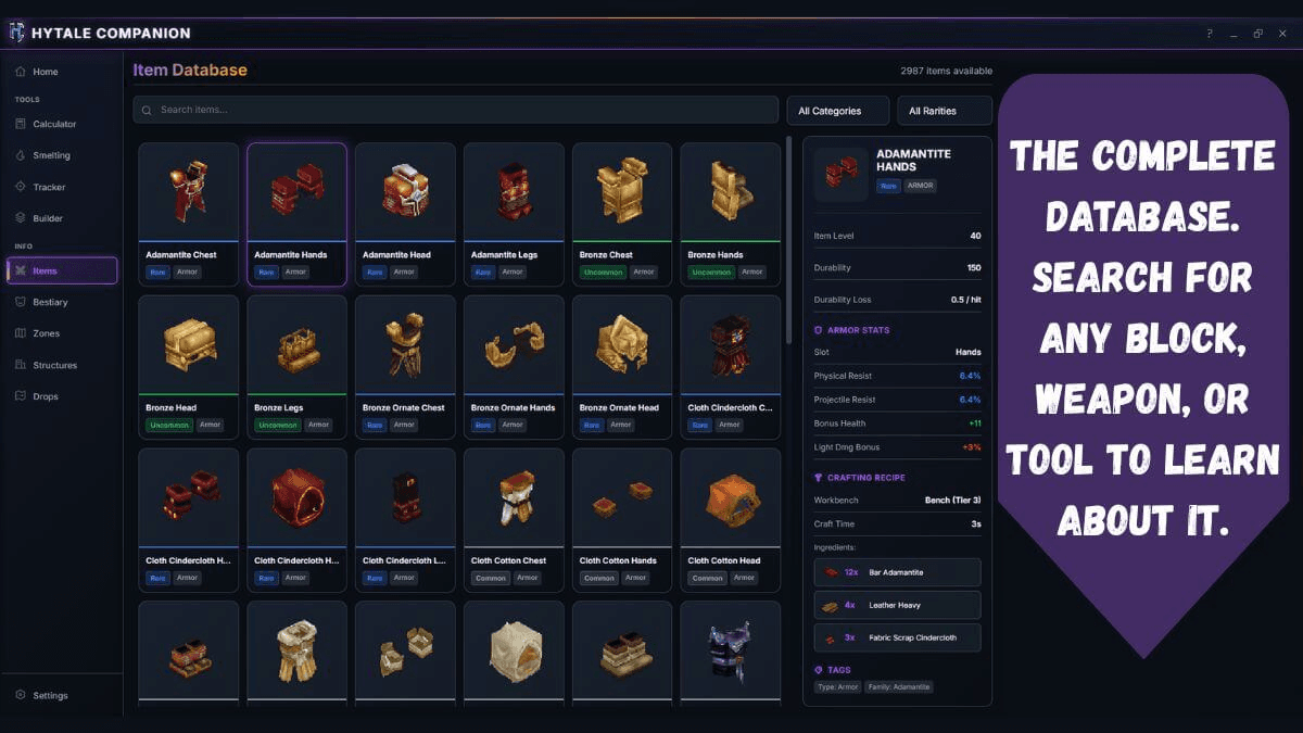 Hytale Companion App Interface - Item Database