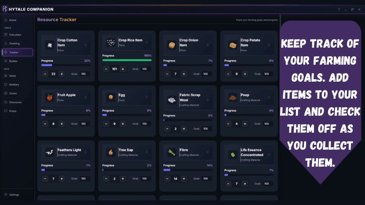 Hytale Companion - Resource Tracker with farming goals and progress